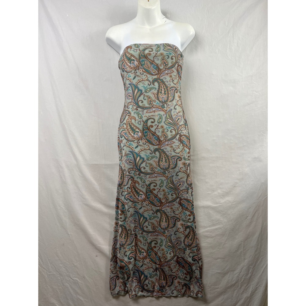 See You Monday Tube Dress Womens Medium Green Paisley Strapless Maxi
